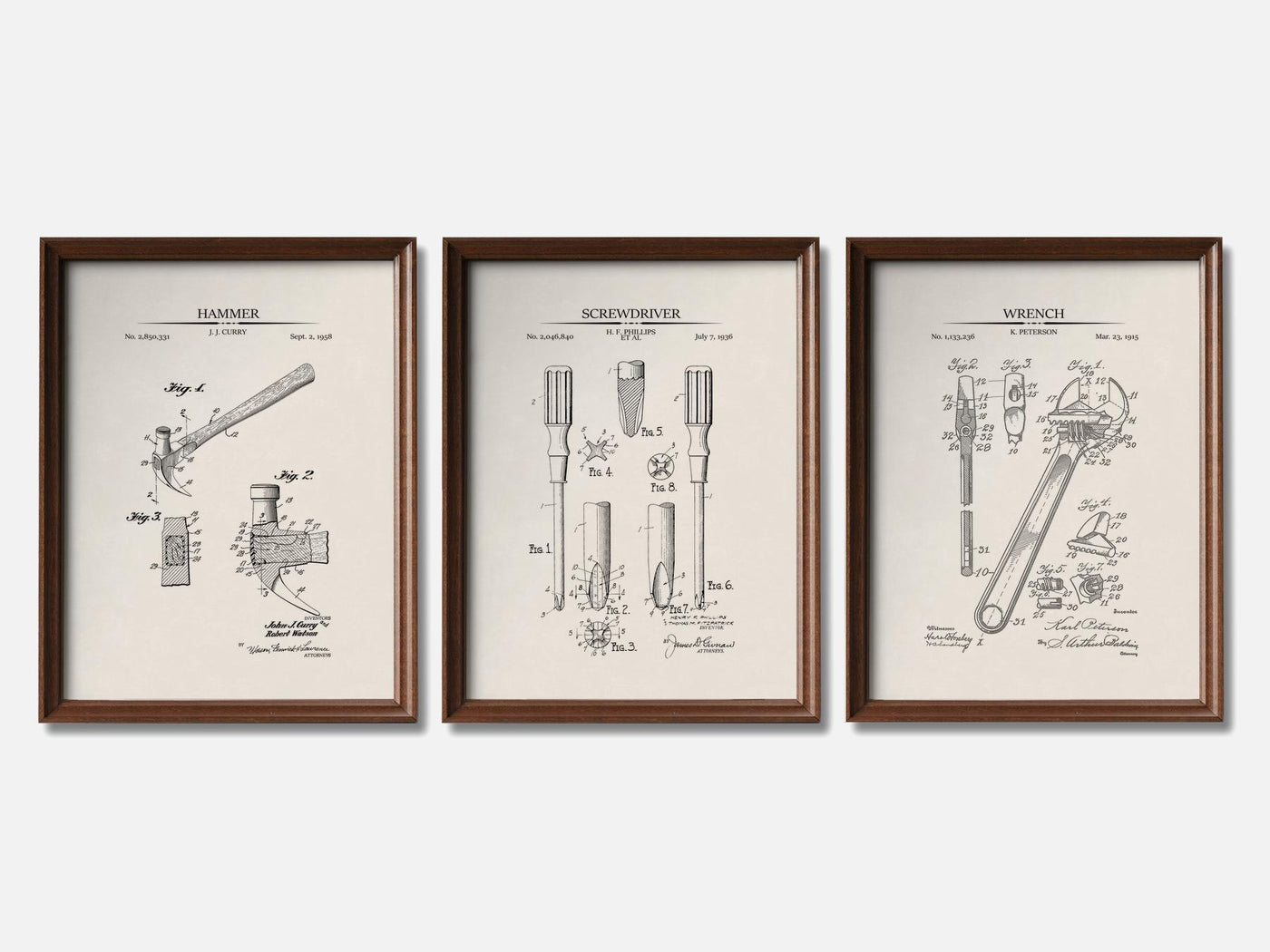 Vintage Tools Patent Print Set of 3 mockup - A_t10058-V1-PC_F+WA-SS_3-PS_11x14-C_ivo variant