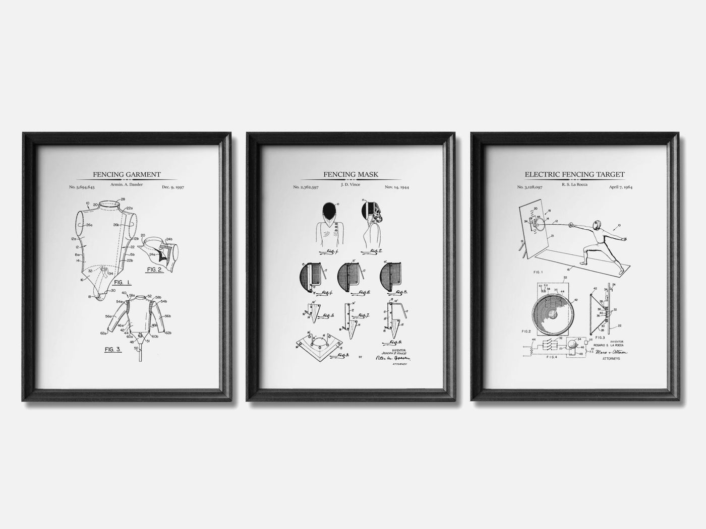 Fencing Patent Print Set of 3 mockup - A_t10080-V1-PC_F+B-SS_3-PS_11x14-C_whi variant