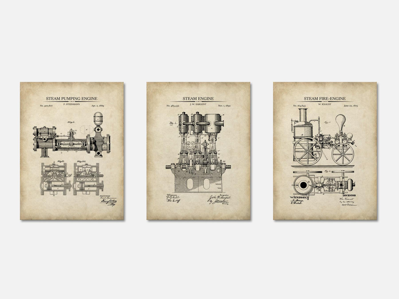 Steam Engines - Patent Print Set of 3 mockup - A_t10119-V1-PC_AP-SS_3-PS_11x14-C_par