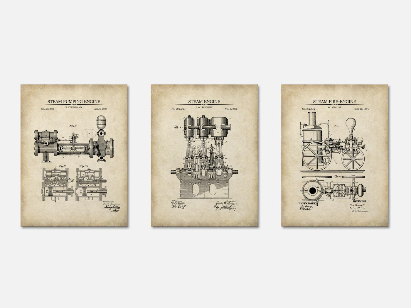 Steam Engines - Patent Print Set of 3 mockup - A_t10119-V1-PC_AP-SS_3-PS_11x14-C_par variant