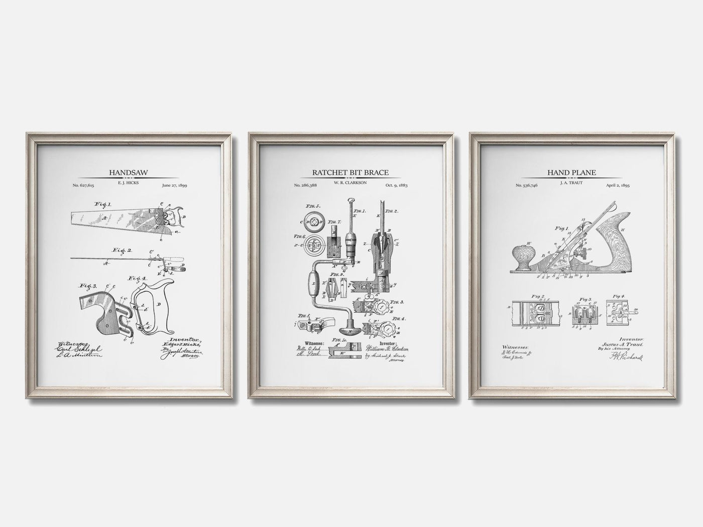 Woodworking Patent Print Set of 3 mockup - A_t10054-V1-PC_F+O-SS_3-PS_11x14-C_whi variant