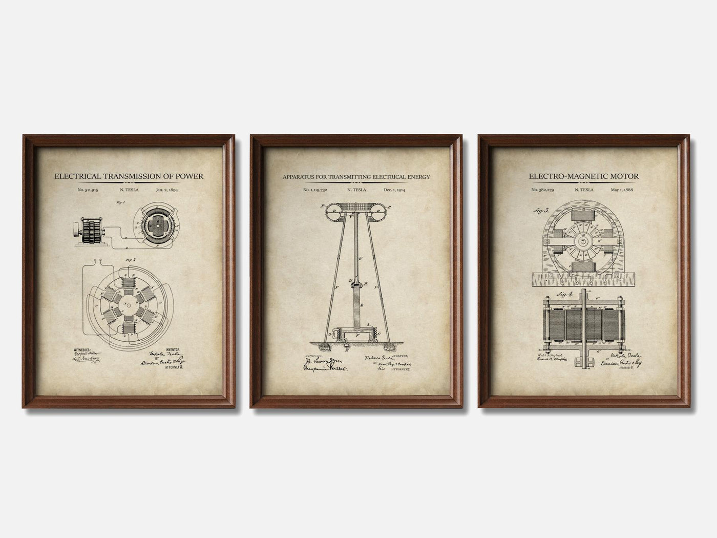 Nikola Tesla Patent Print Set of 3 mockup - A_t10050-V1-PC_F+WA-SS_3-PS_11x14-C_par