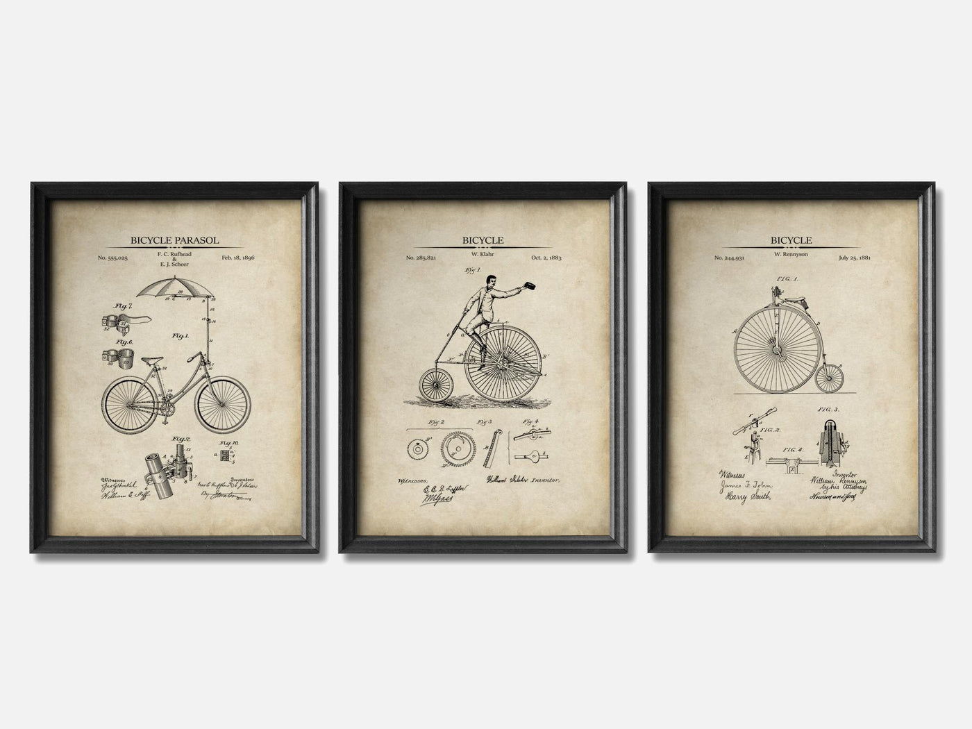 Vintage Bicycle Patent Print Set of 3 mockup - A_t10125-V1-PC_F+B-SS_3-PS_11x14-C_par variant