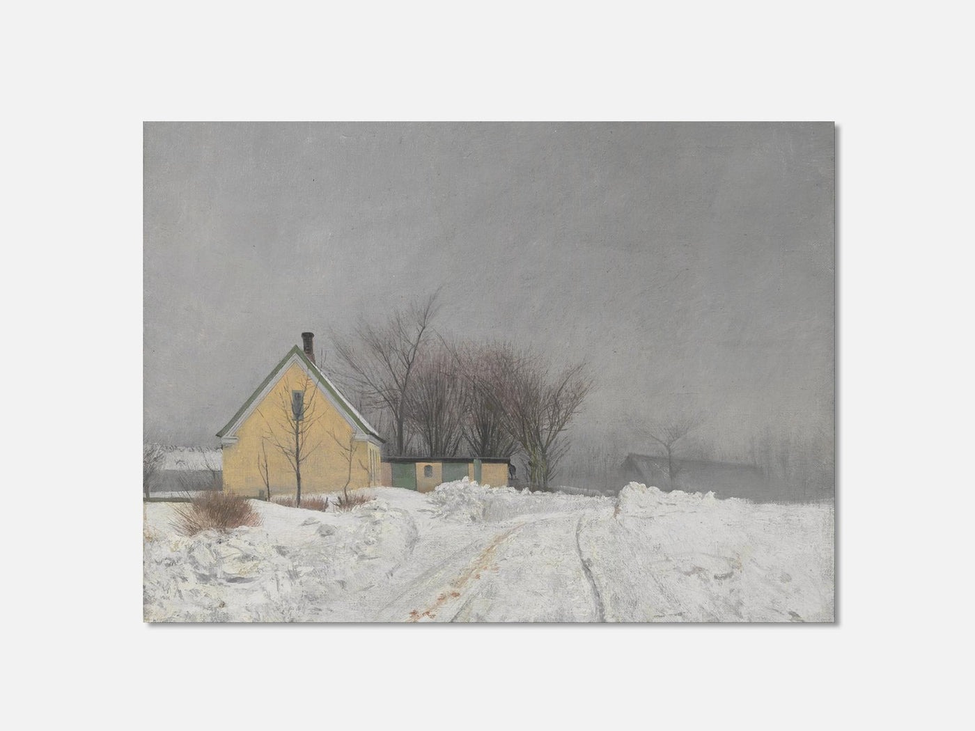 Foggy Winter Day. To the Left a Yellow House. Deep Snow 1 Unframed mockup variant