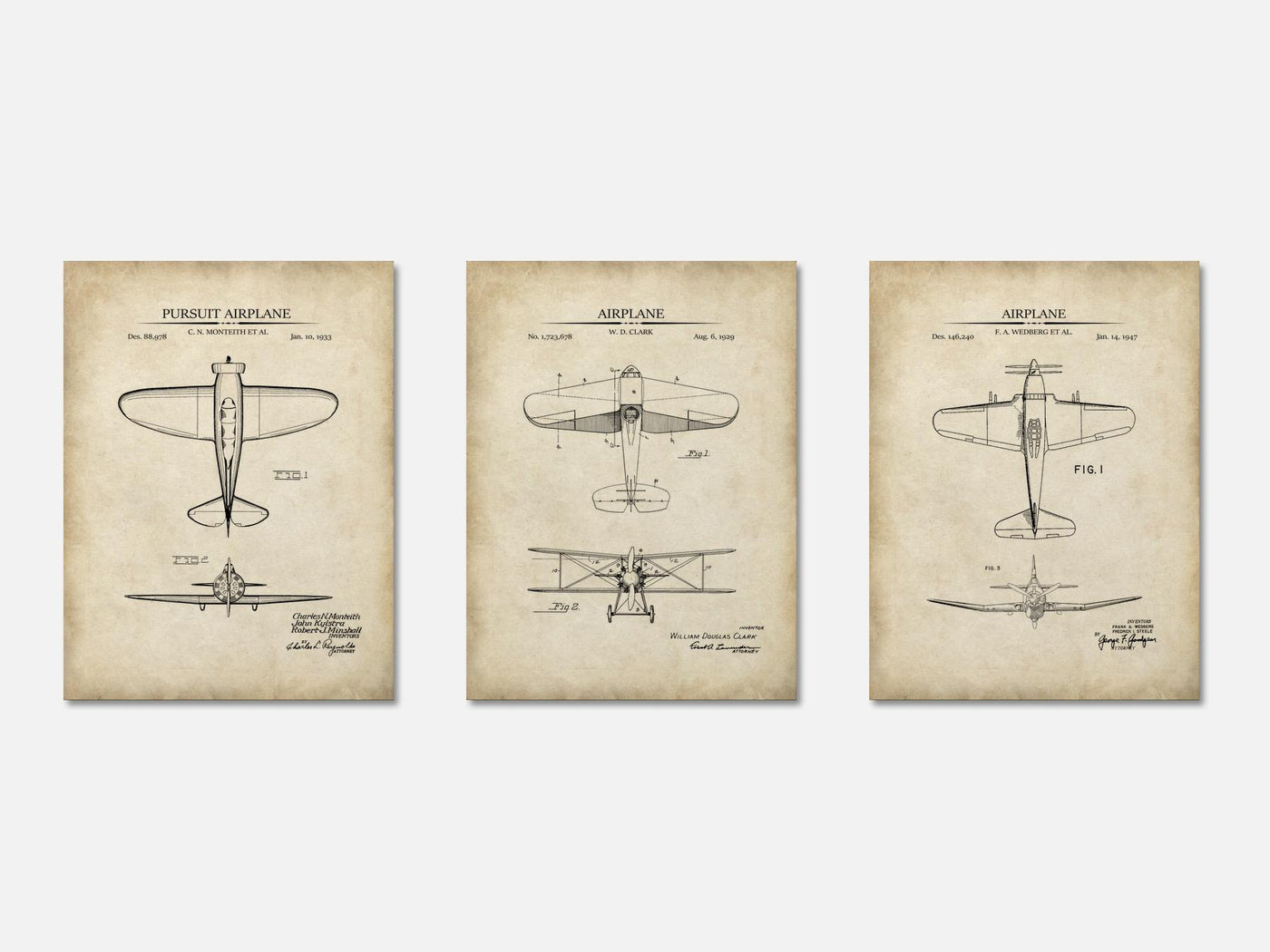 WW2 Planes - Patent Print Set of 3 mockup - A_t10118-V1-PC_AP-SS_3-PS_11x14-C_par