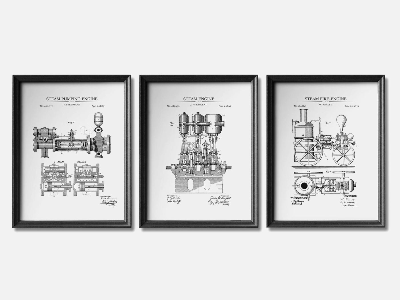 Steam Engines - Patent Print Set of 3 mockup - A_t10119-V1-PC_F+B-SS_3-PS_11x14-C_whi variant