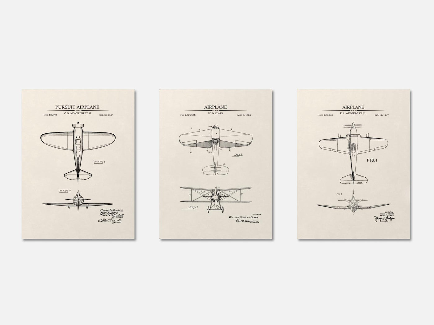 WW2 Planes - Patent Print Set of 3 mockup - A_t10118-V1-PC_AP-SS_3-PS_11x14-C_ivo variant