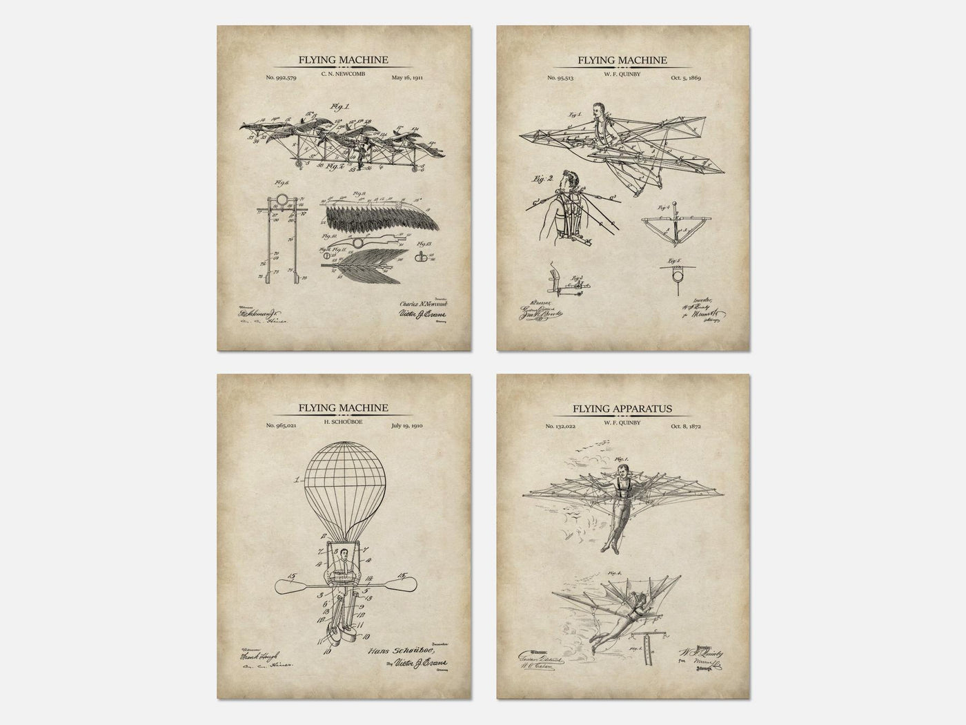 Steampunk Flying Machines Patent Print Set of 4 mockup - A_t10027-V1-PC_AP-SS_4-PS_5x7-C_par