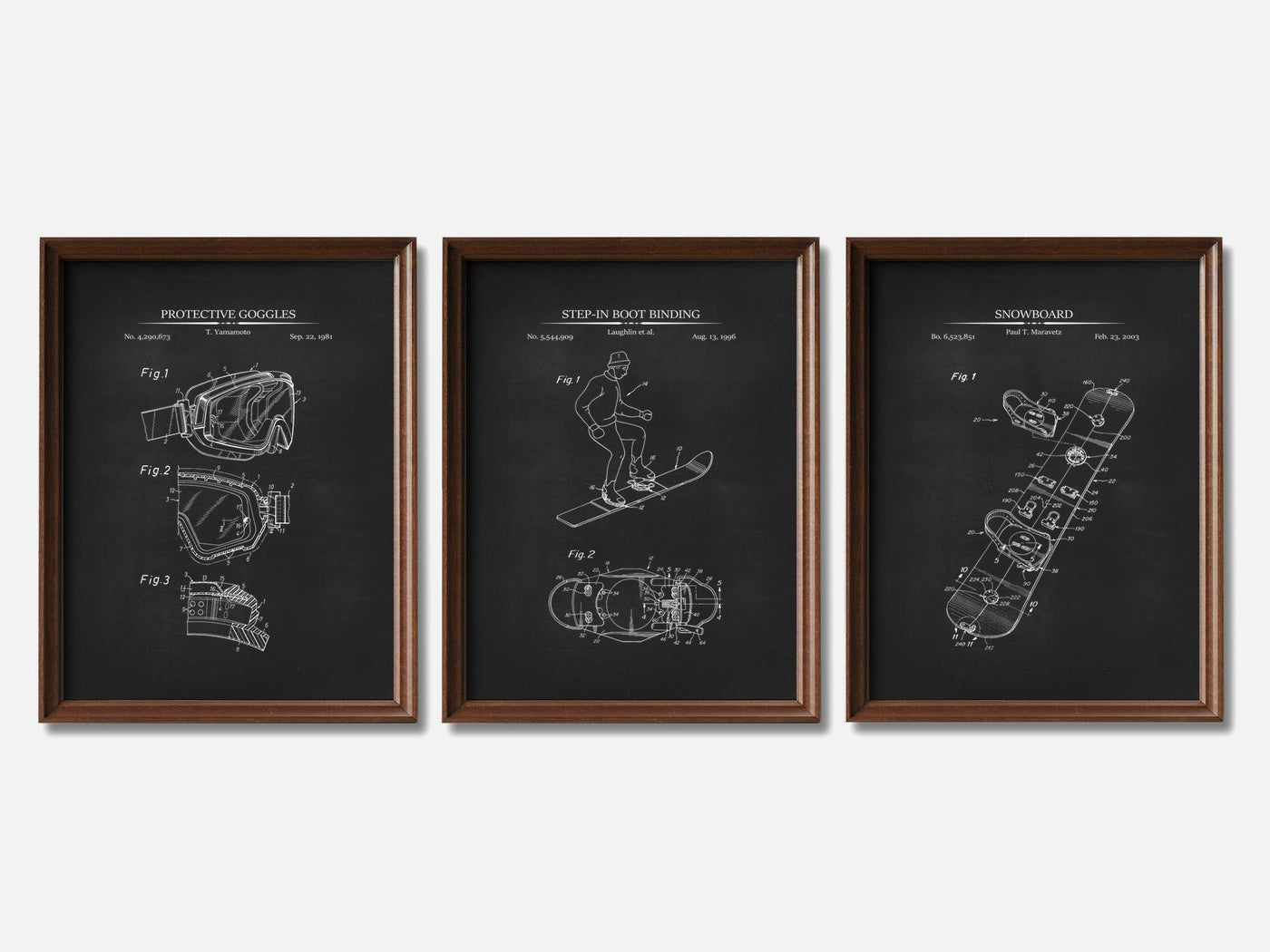 Snowboard Patent Print Set of 3 mockup - A_t10082-V1-PC_F+WA-SS_3-PS_11x14-C_cha variant