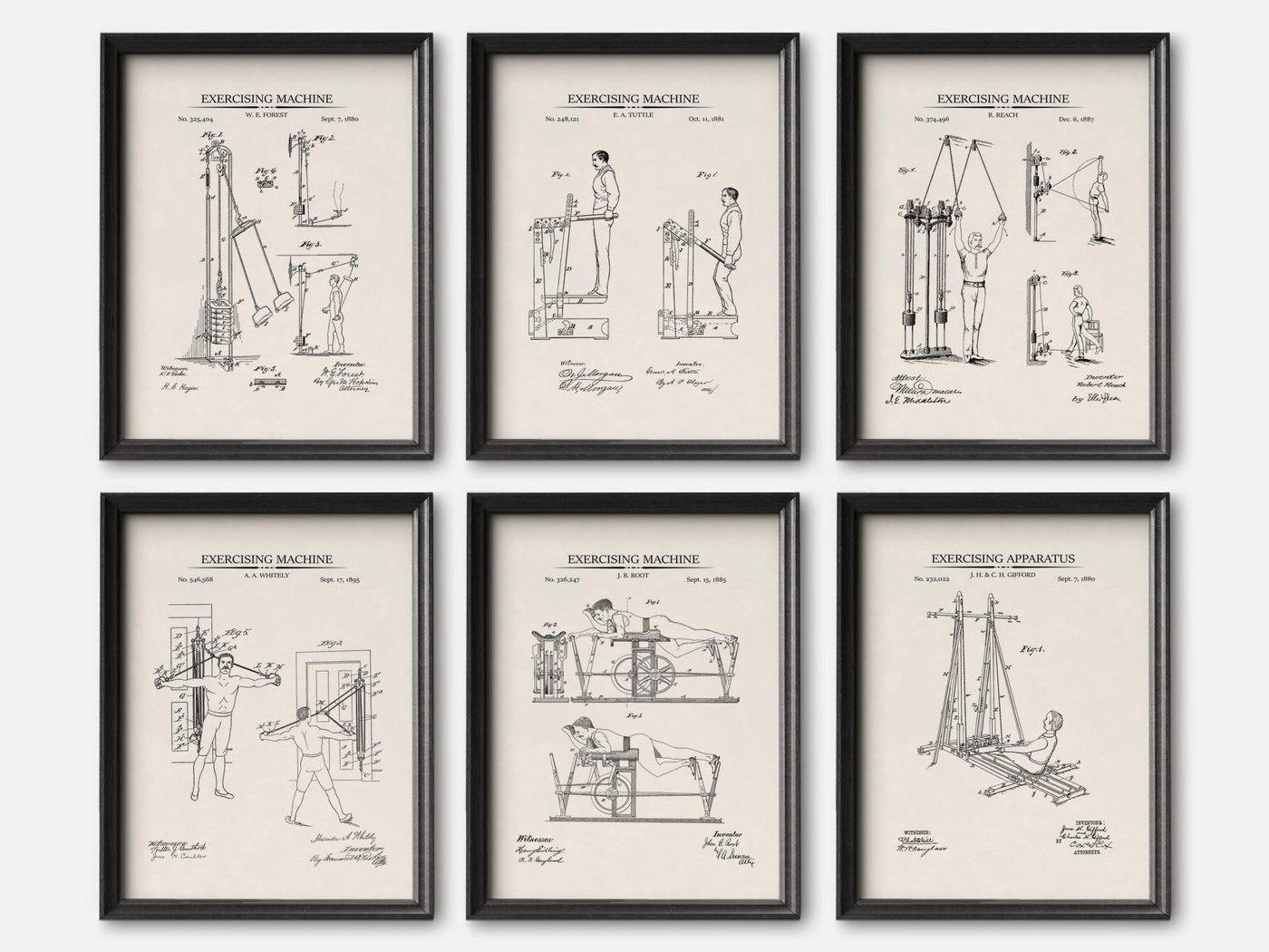 Vintage Exercise Patent Prints - Set of 6 mockup - A_t10135-V1-PC_F+B-SS_6-PS_5x7-C_ivo variant