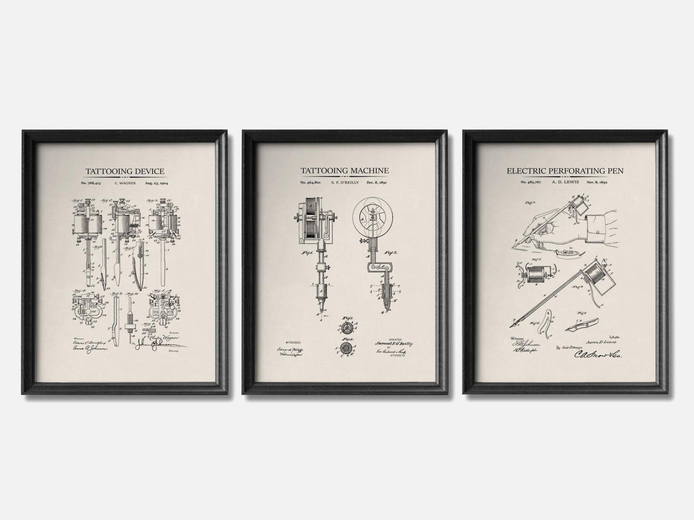 Tattoo Patent Print Set of 3 mockup - A_t10048-V1-PC_F+B-SS_3-PS_11x14-C_ivo variant