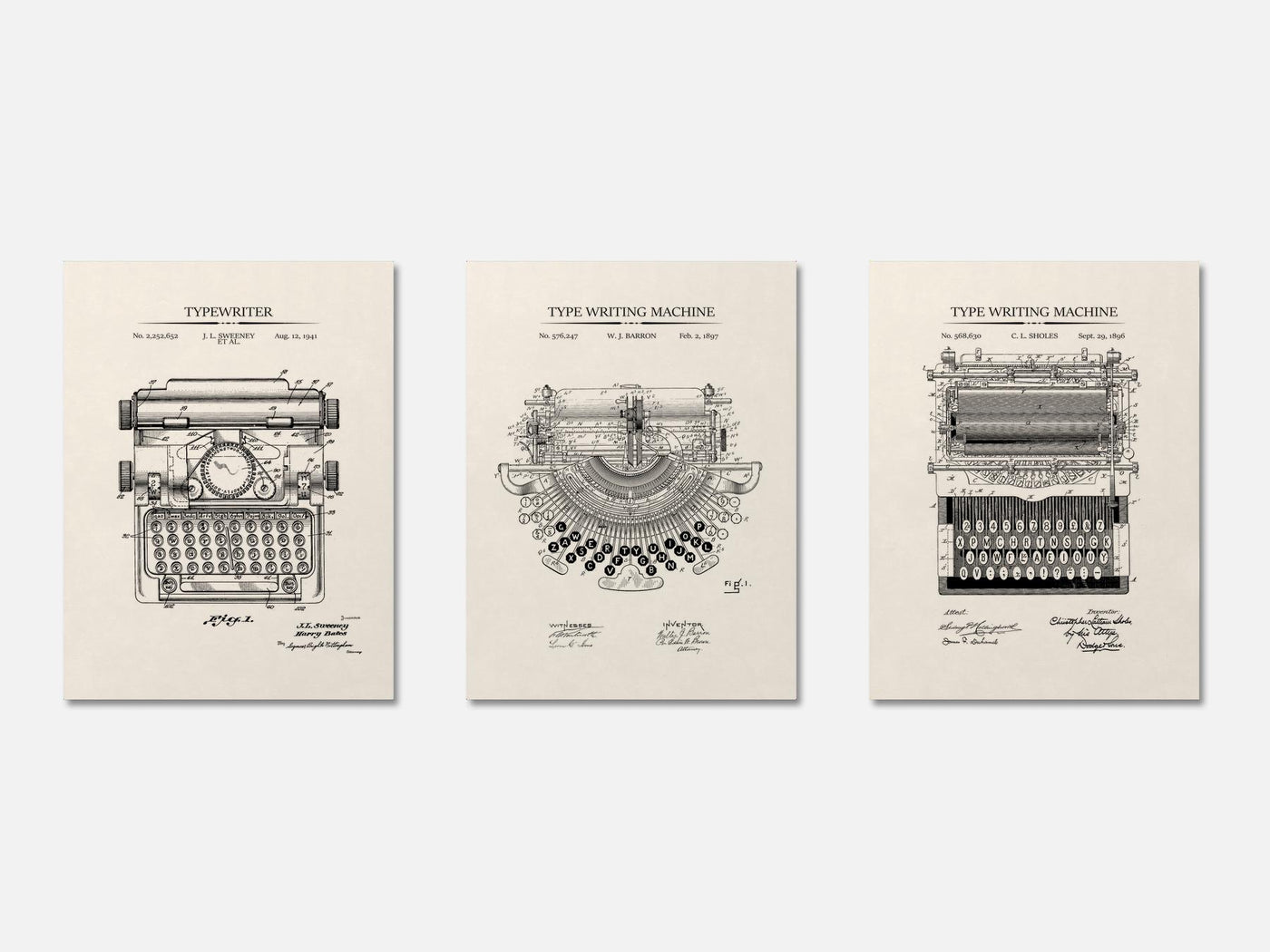 Typewriter Patent Print Set of 3 mockup - A_t10051-V1-PC_AP-SS_3-PS_11x14-C_ivo variant