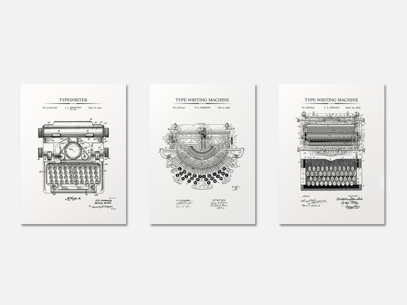 Typewriter Patent Print Set of 3 mockup - A_t10051-V1-PC_AP-SS_3-PS_11x14-C_whi variant