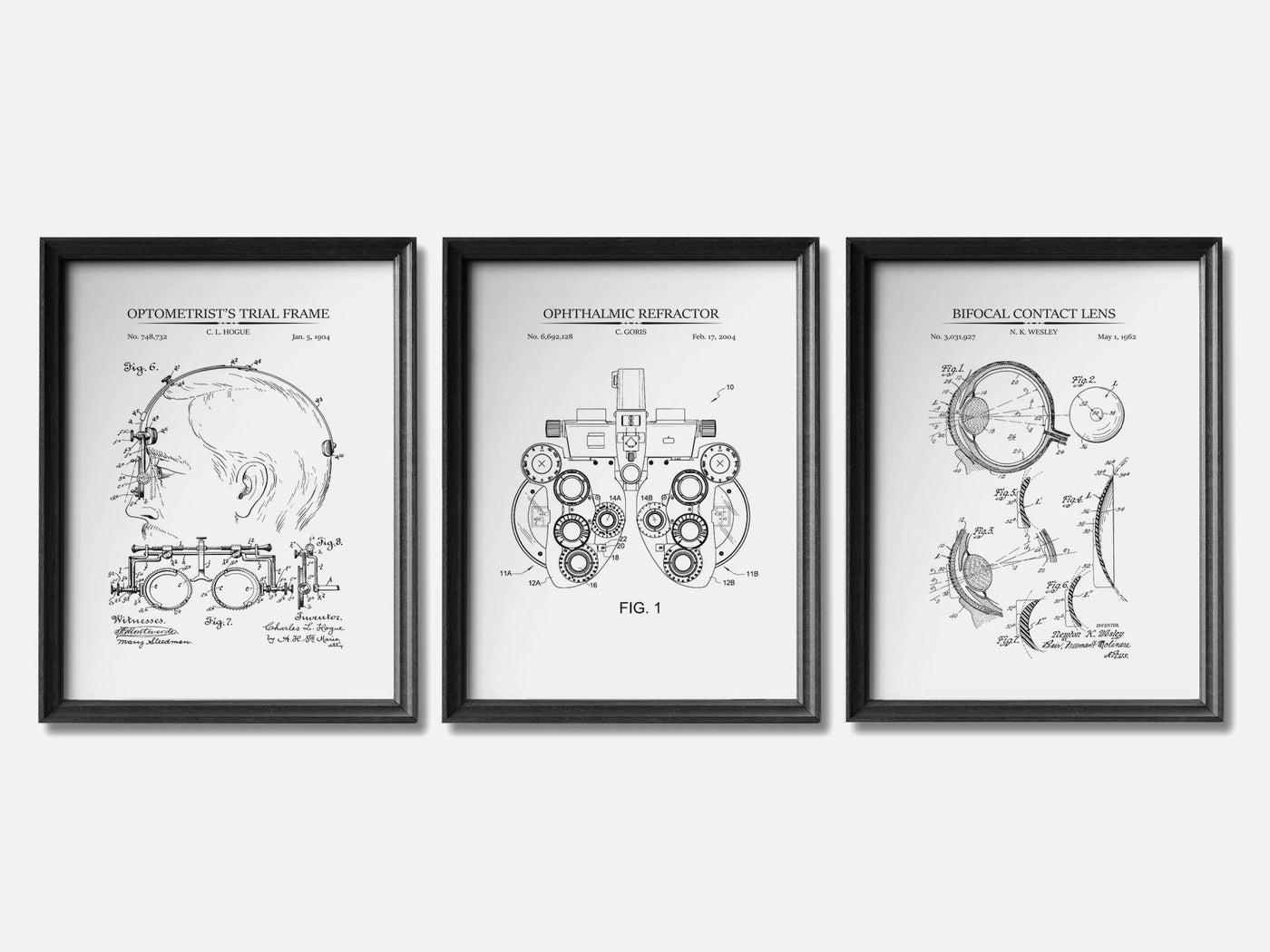 Optometry Patent Print Set of 3 mockup - A_t10038-V1-PC_F+B-SS_3-PS_11x14-C_whi variant