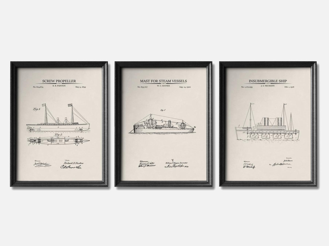 Steam-Powered Ships - Patent Print Set of 3 mockup - A_t10076-V1-PC_F+B-SS_3-PS_11x14-C_ivo variant