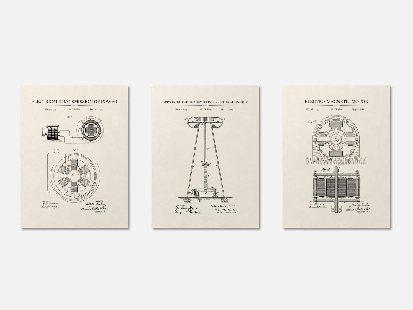 Nikola Tesla Patent Print Set of 3 mockup - A_t10050-V1-PC_AP-SS_3-PS_11x14-C_ivo variant