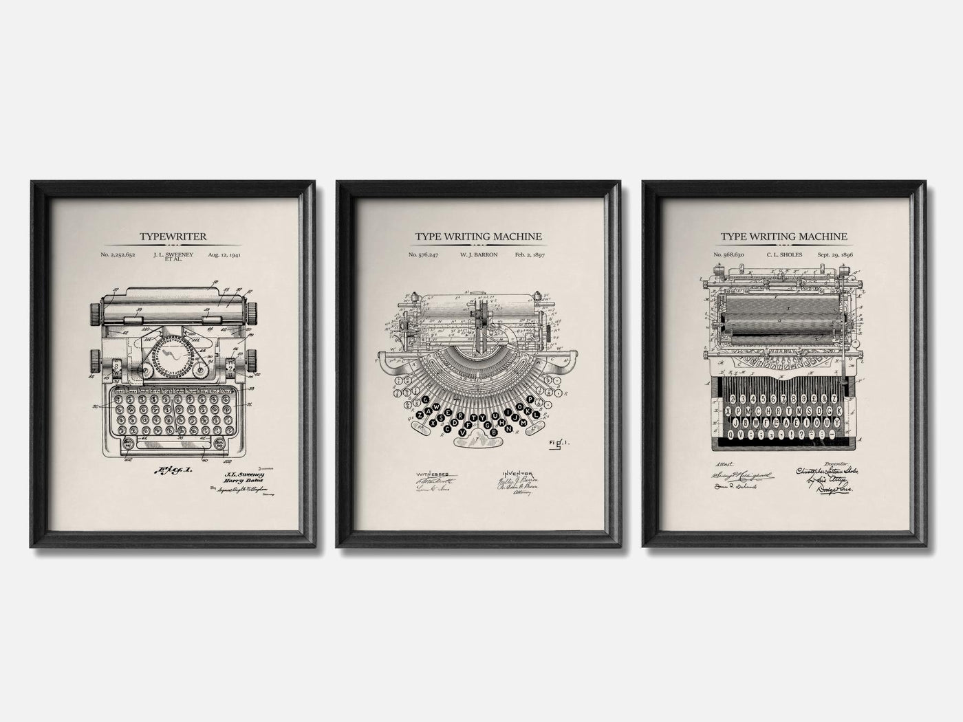 Typewriter Patent Print Set of 3 mockup - A_t10051-V1-PC_F+B-SS_3-PS_11x14-C_ivo variant