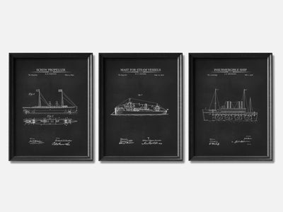 Steam-Powered Ships - Patent Print Set of 3 mockup - A_t10076-V1-PC_F+B-SS_3-PS_11x14-C_cha variant