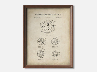 Icosahedron Decimal Dice 1 Walnut - Parchment mockup variant