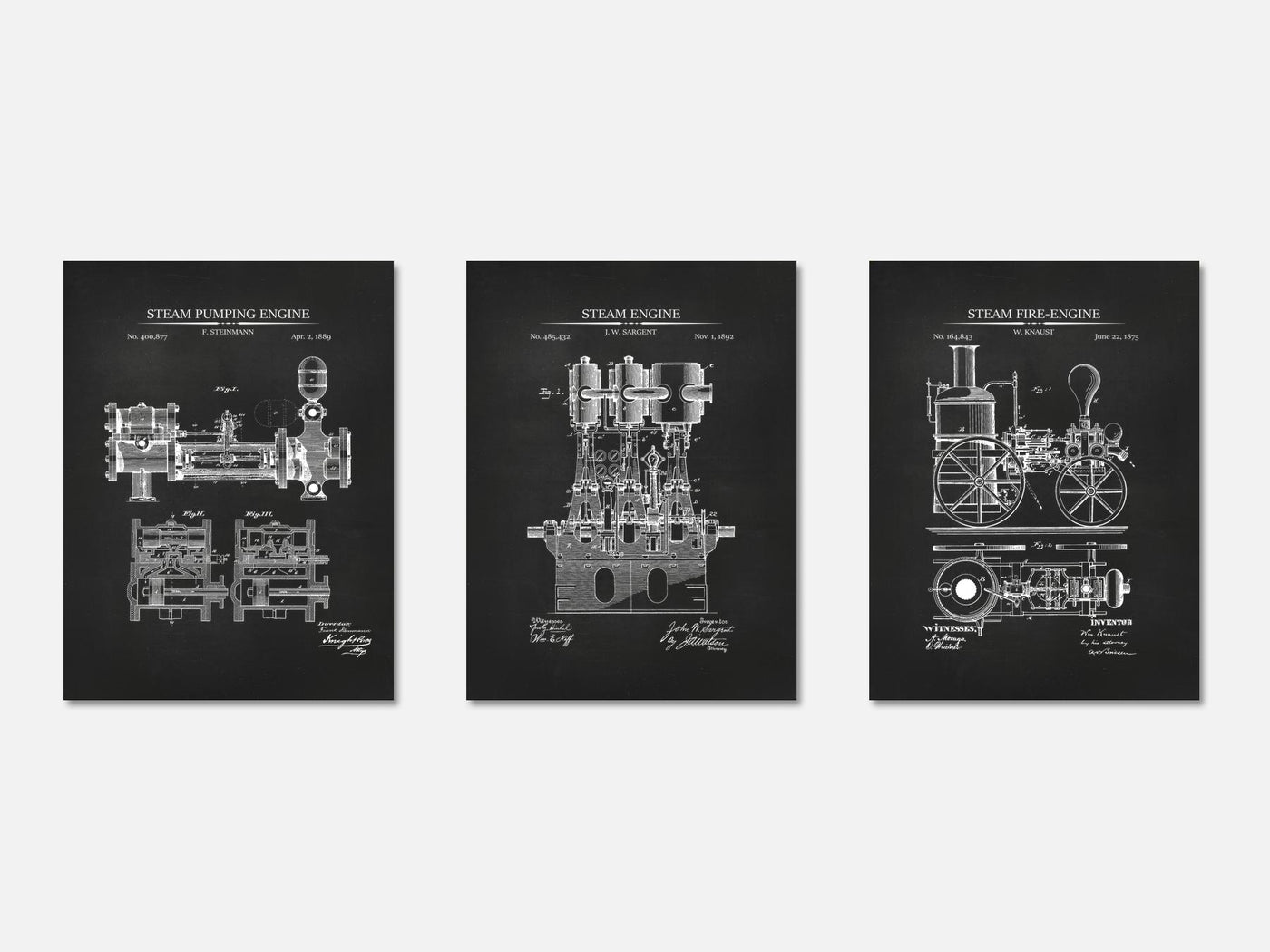 Steam Engines - Patent Print Set of 3 mockup - A_t10119-V1-PC_AP-SS_3-PS_11x14-C_cha variant
