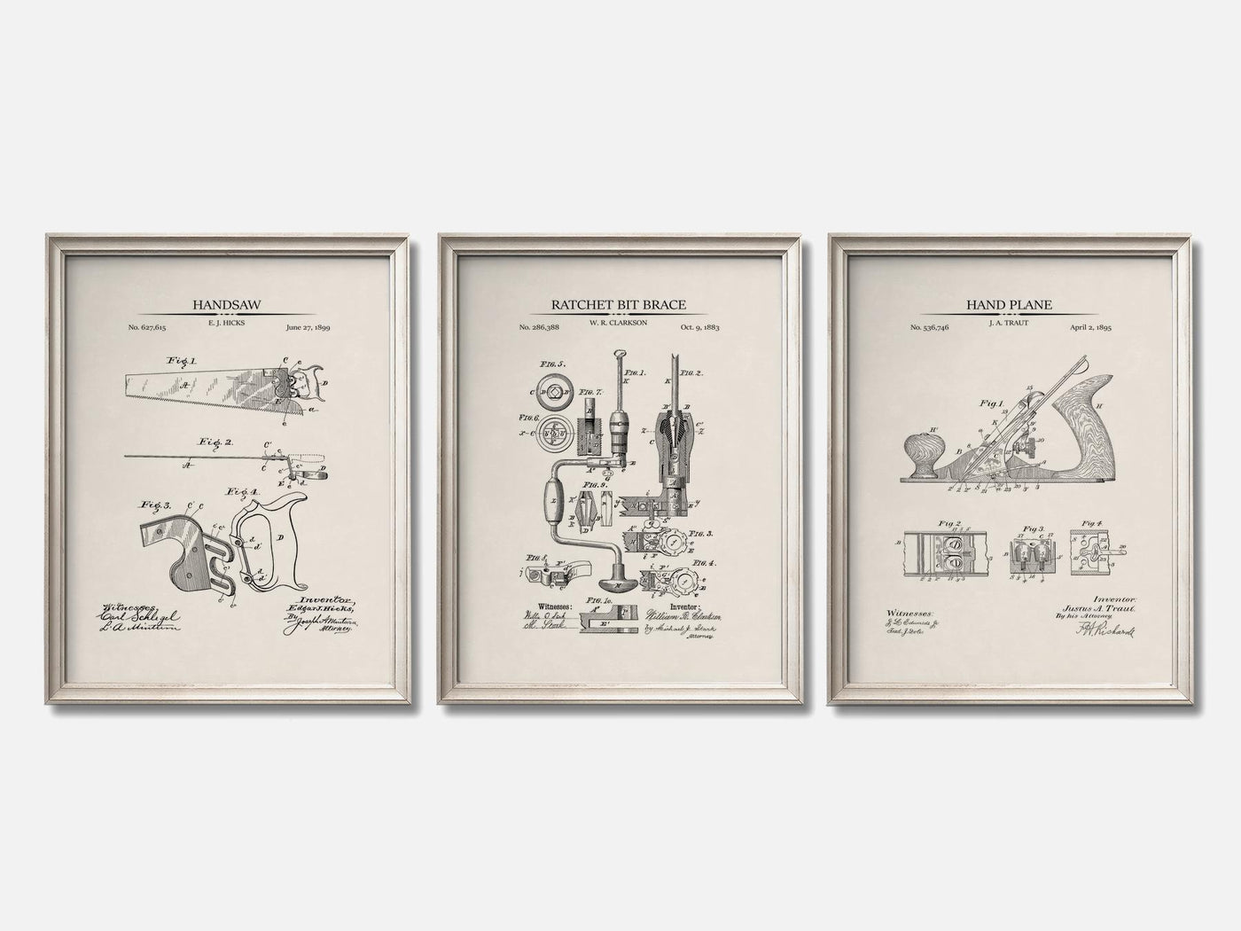 Woodworking Patent Print Set of 3 mockup - A_t10054-V1-PC_F+O-SS_3-PS_11x14-C_ivo variant