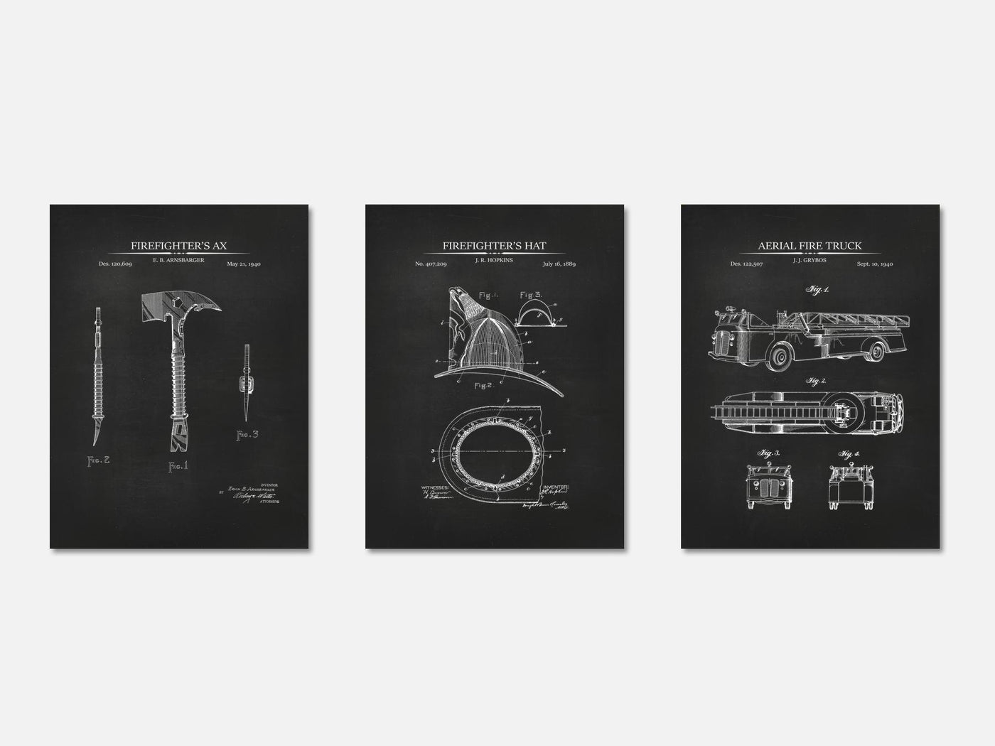 Firefighter Patent Print Set of 3 mockup - A_t10067-V1-PC_AP-SS_3-PS_11x14-C_cha variant