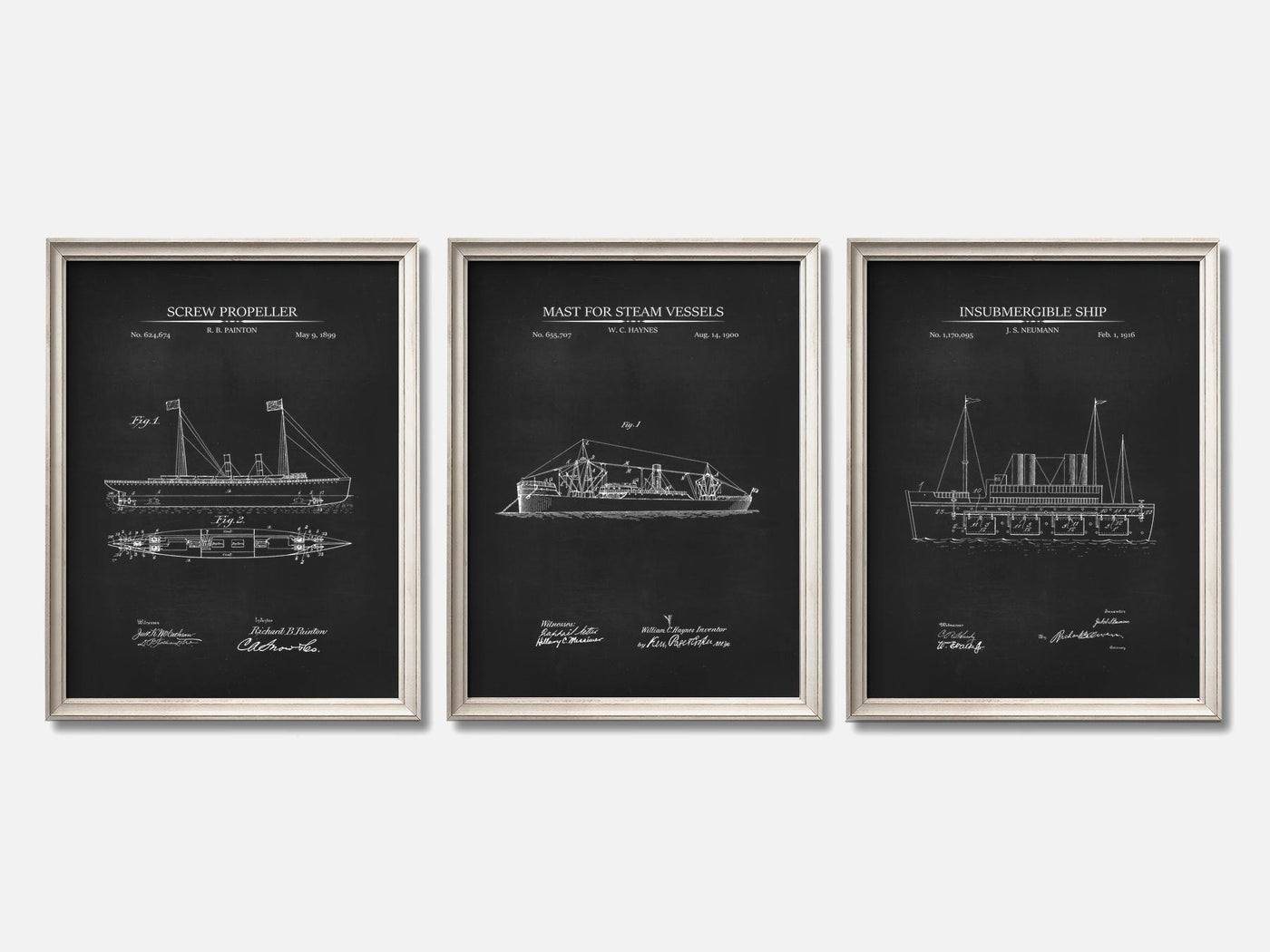 Steam-Powered Ships - Patent Print Set of 3 mockup - A_t10076-V1-PC_F+O-SS_3-PS_11x14-C_cha variant