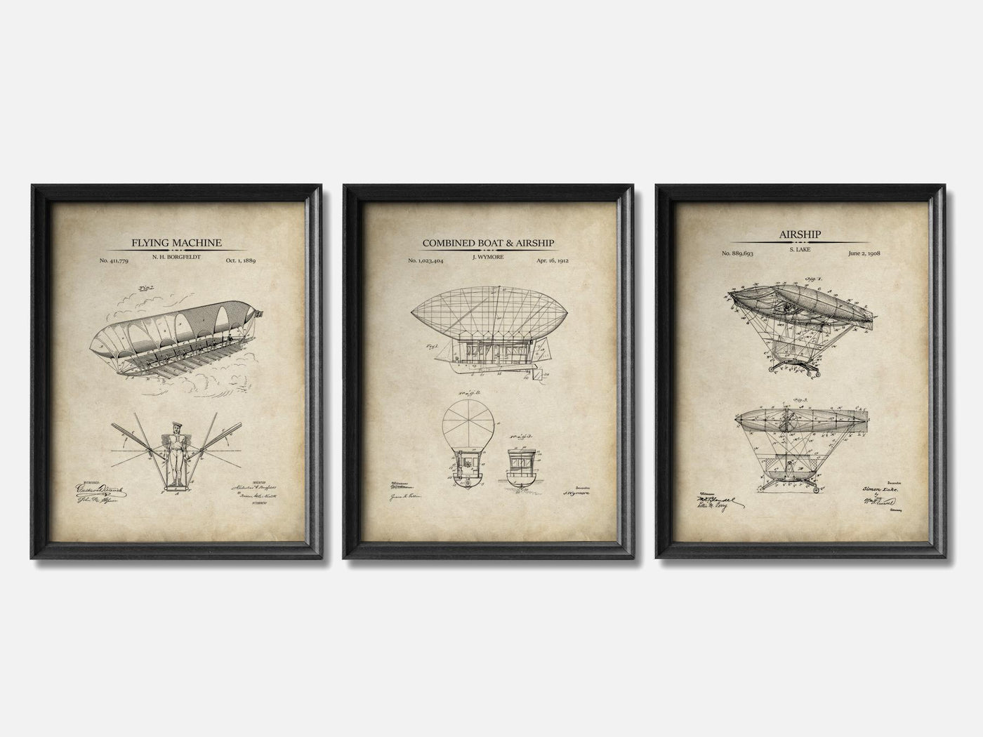 Steampunk Airship Patent Prints -  Set of 3 mockup - A_t10022-V1-PC_F+B-SS_3-PS_11x14-C_par variant