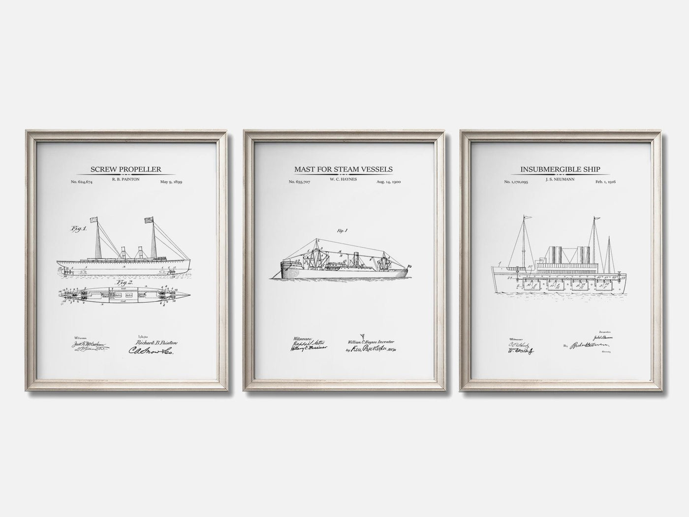 Steam-Powered Ships - Patent Print Set of 3 mockup - A_t10076-V1-PC_F+O-SS_3-PS_11x14-C_whi variant