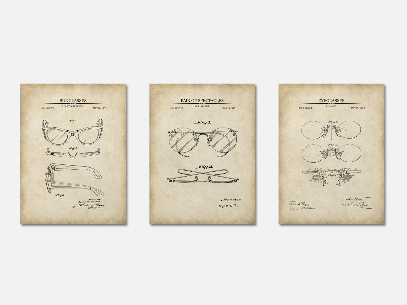 Vintage Eyeglasses - Patent Print Set of 3 mockup - A_t10121-V1-PC_AP-SS_3-PS_11x14-C_par