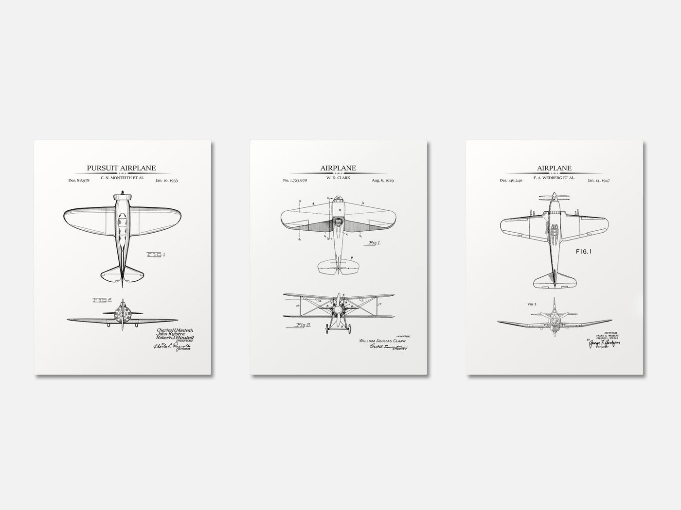 WW2 Planes - Patent Print Set of 3 mockup - A_t10118-V1-PC_AP-SS_3-PS_11x14-C_whi variant