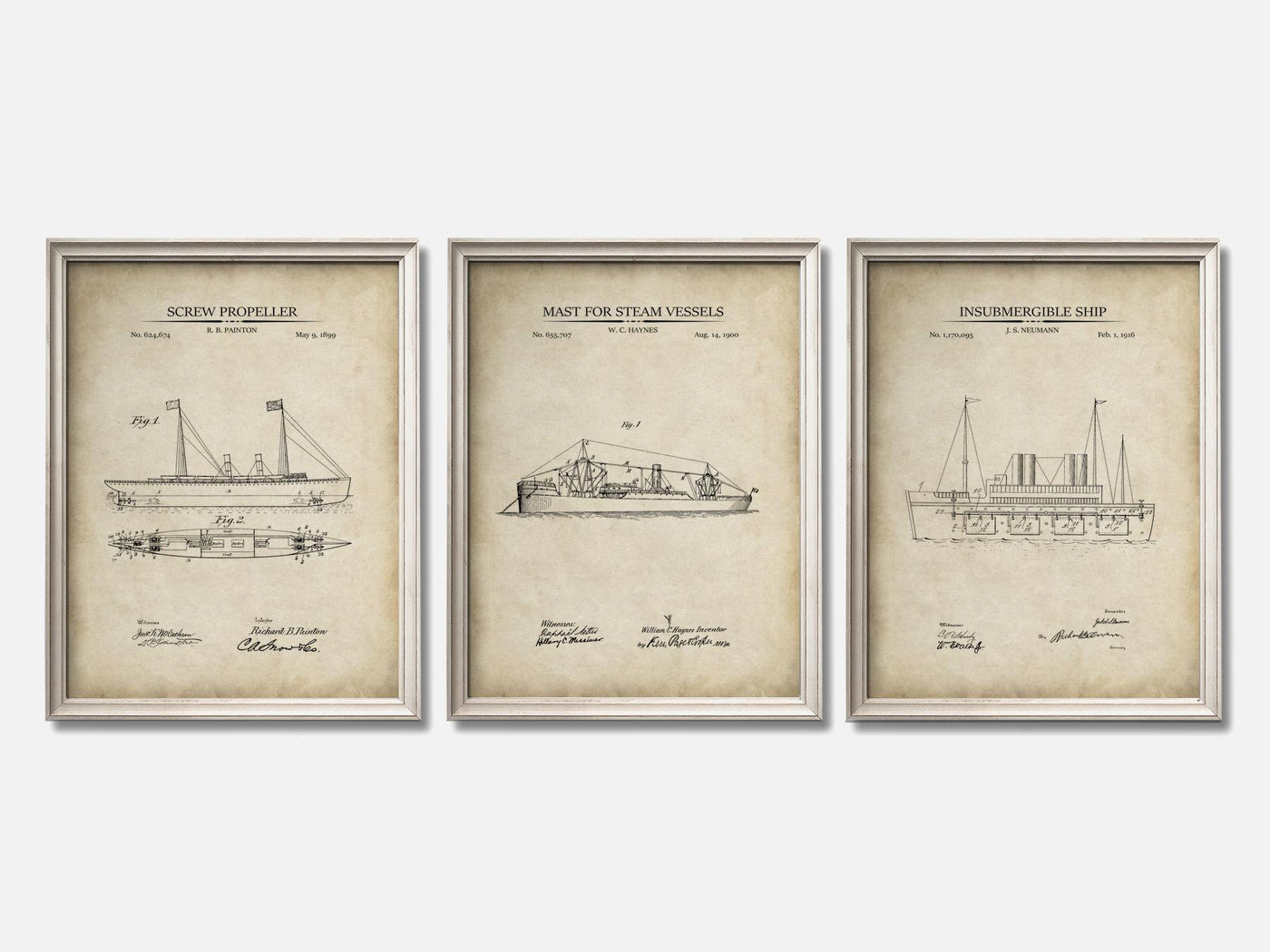 Steam-Powered Ships - Patent Print Set of 3 mockup - A_t10076-V1-PC_F+O-SS_3-PS_11x14-C_par variant