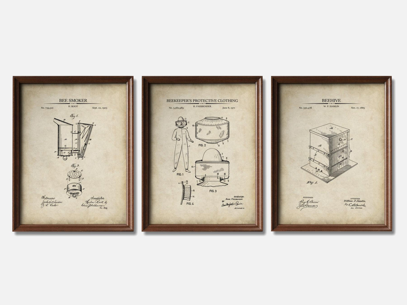 Beekeeping Patent Print Set of 3 mockup - A_t10063-V1-PC_F+WA-SS_3-PS_11x14-C_par variant