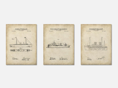 Steam-Powered Ships - Patent Print Set of 3 mockup - A_t10076-V1-PC_AP-SS_3-PS_11x14-C_par