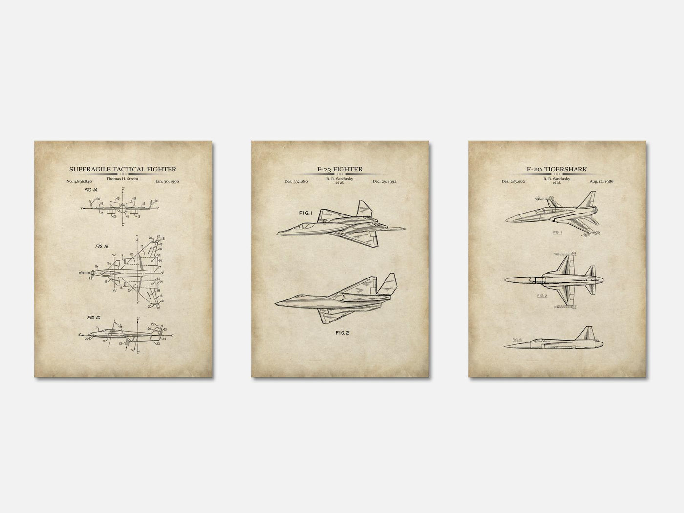 Fighter Jet Patent Print Set of 3 mockup - A_t10097-V1-PC_AP-SS_3-PS_11x14-C_par