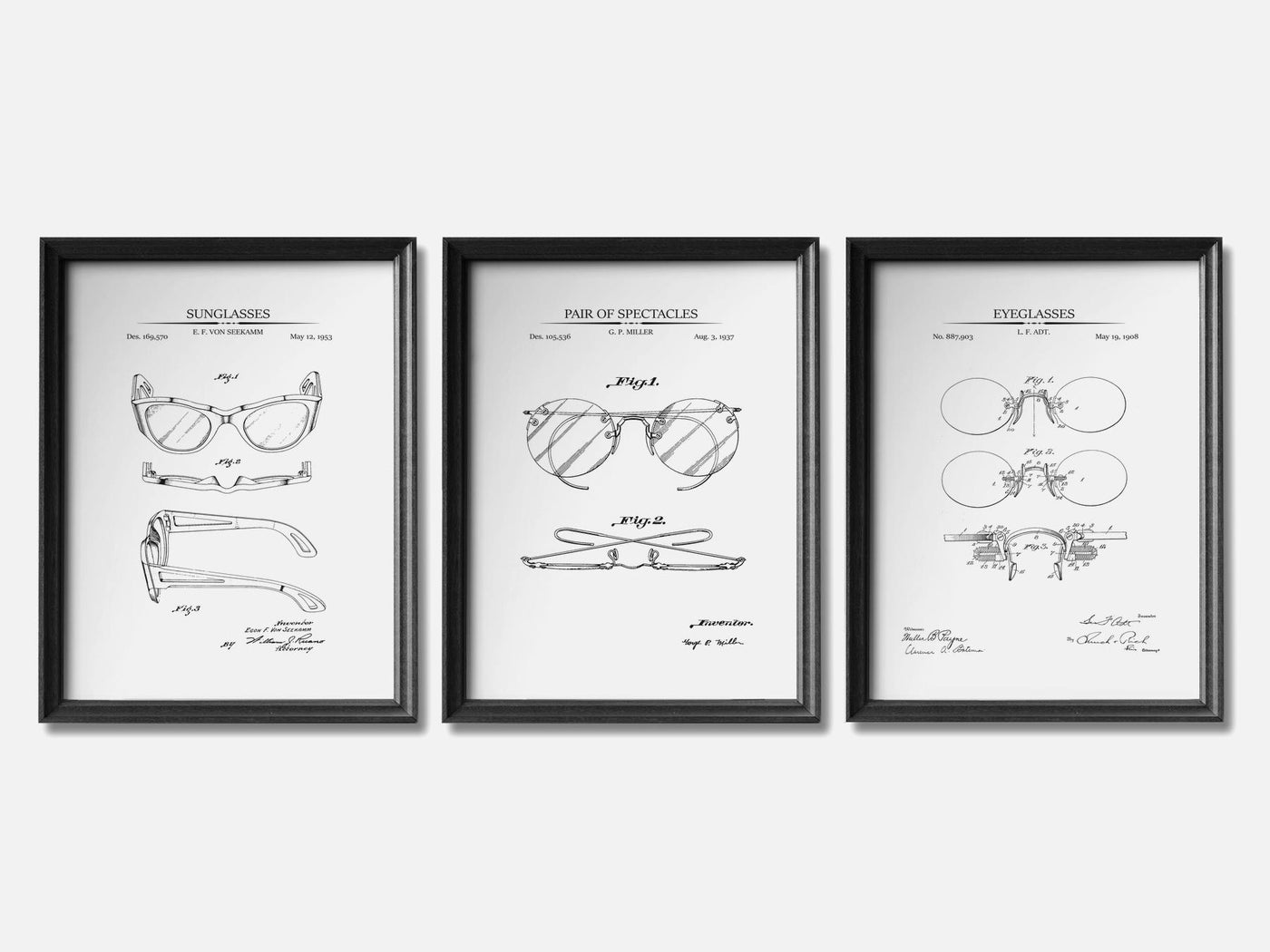 Vintage Eyeglasses - Patent Print Set of 3 mockup - A_t10121-V1-PC_F+B-SS_3-PS_11x14-C_whi variant