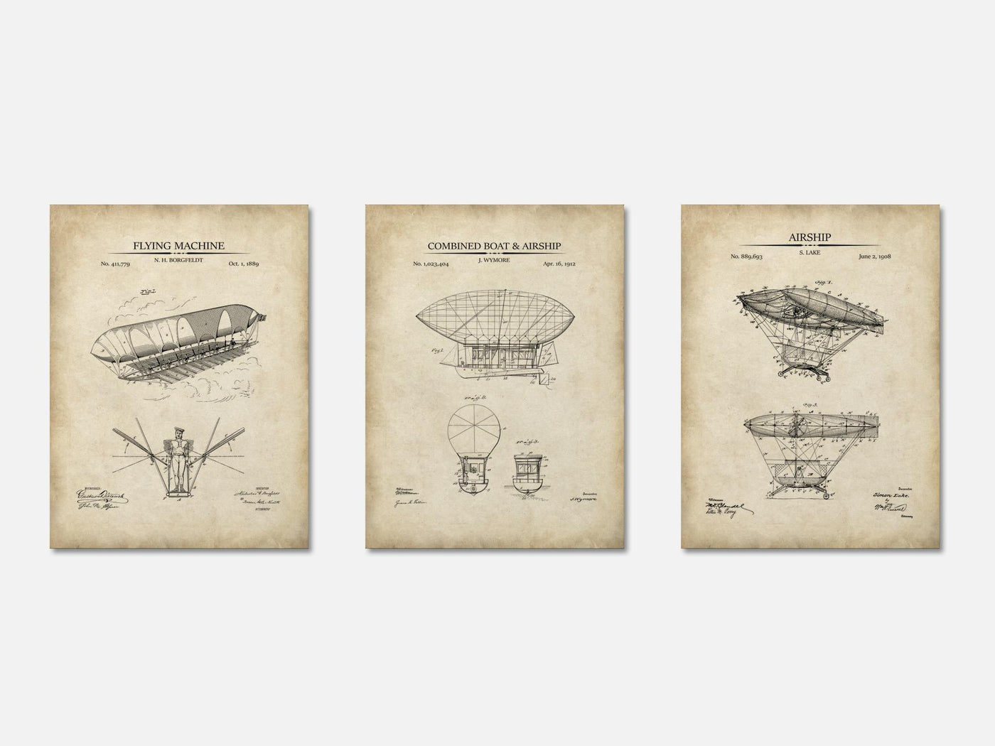 Steampunk Airship Patent Prints -  Set of 3 mockup - A_t10022-V1-PC_AP-SS_3-PS_11x14-C_par
