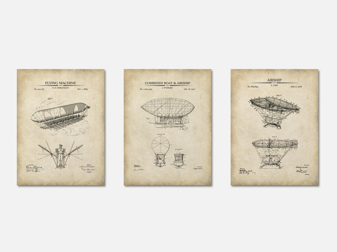 Steampunk Airship Patent Prints -  Set of 3 mockup - A_t10022-V1-PC_AP-SS_3-PS_11x14-C_par variant