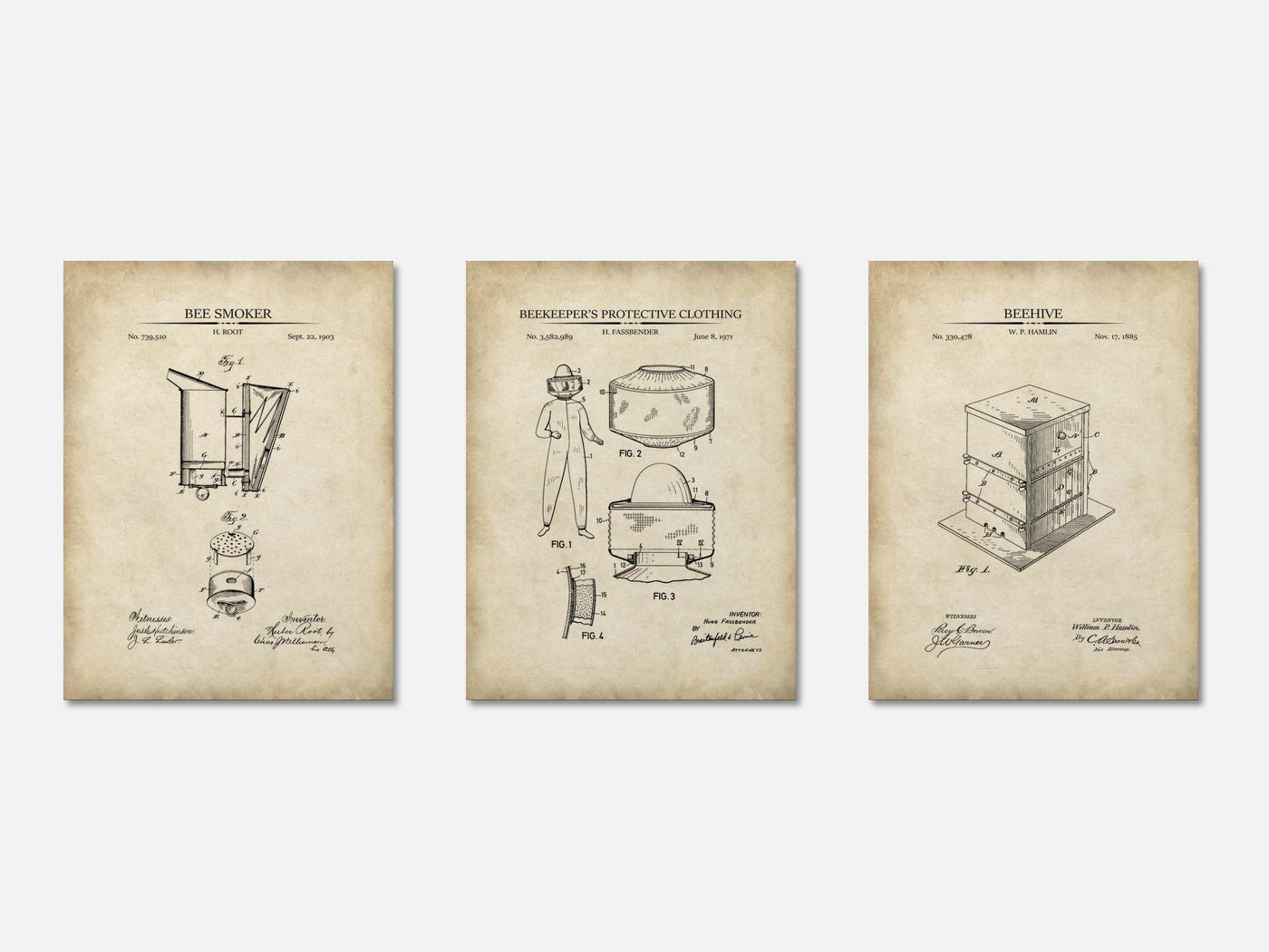 Beekeeping Patent Print Set of 3 mockup - A_t10063-V1-PC_AP-SS_3-PS_11x14-C_par