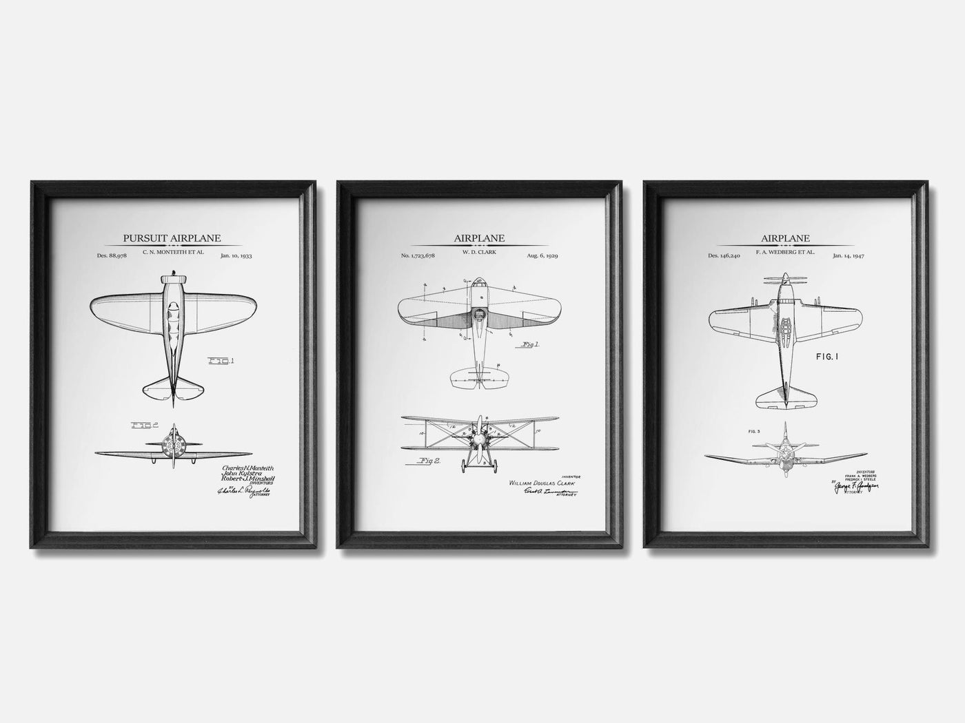 WW2 Planes - Patent Print Set of 3 mockup - A_t10118-V1-PC_F+B-SS_3-PS_11x14-C_whi variant