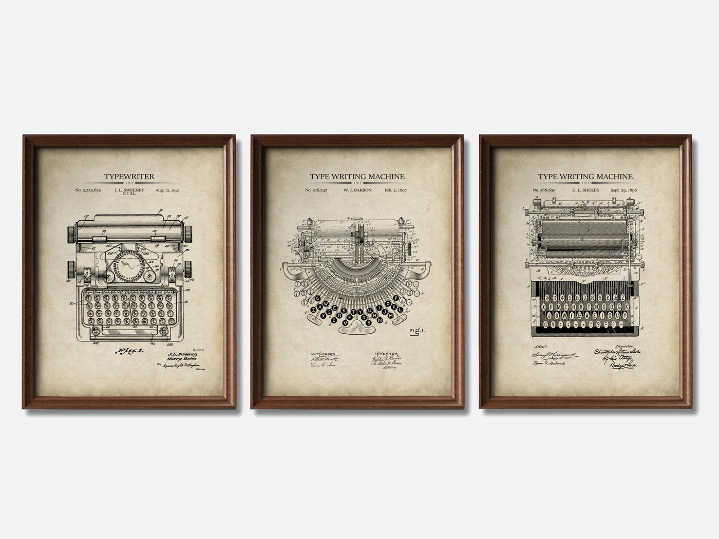 Typewriter Patent Print Set of 3 mockup - A_t10051-V1-PC_F+WA-SS_3-PS_11x14-C_par variant