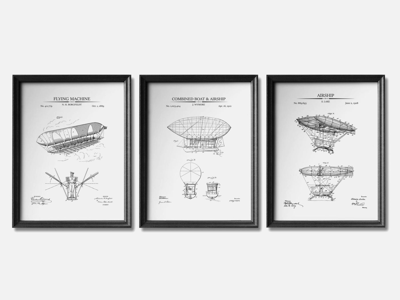 Steampunk Airship Patent Prints -  Set of 3 mockup - A_t10022-V1-PC_F+B-SS_3-PS_11x14-C_whi variant