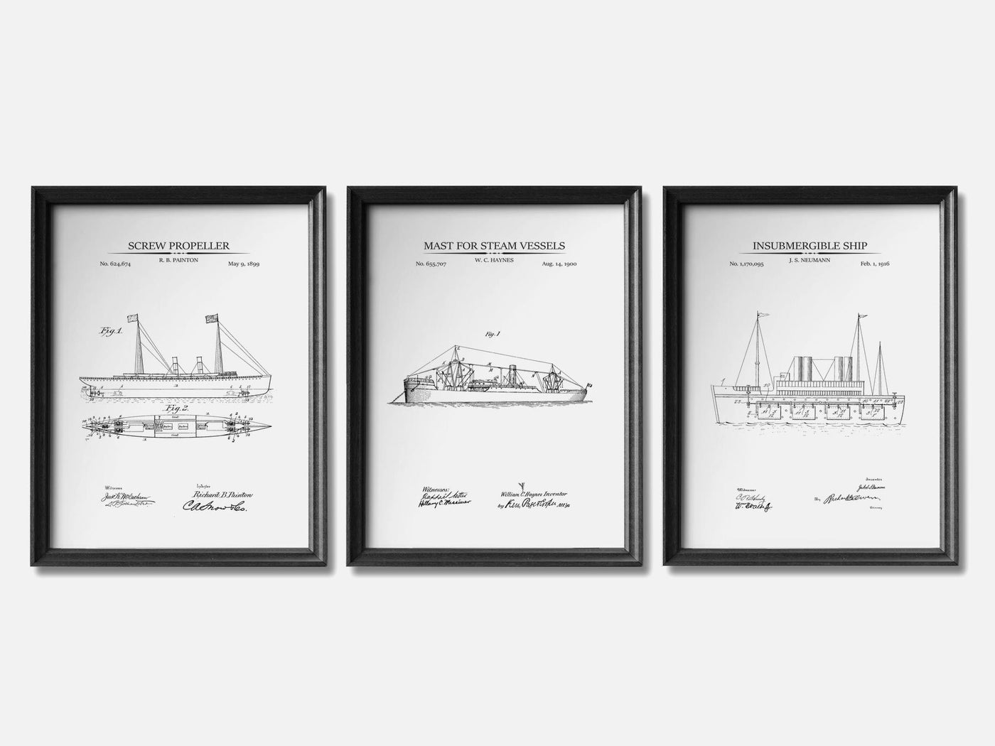 Steam-Powered Ships - Patent Print Set of 3 mockup - A_t10076-V1-PC_F+B-SS_3-PS_11x14-C_whi variant