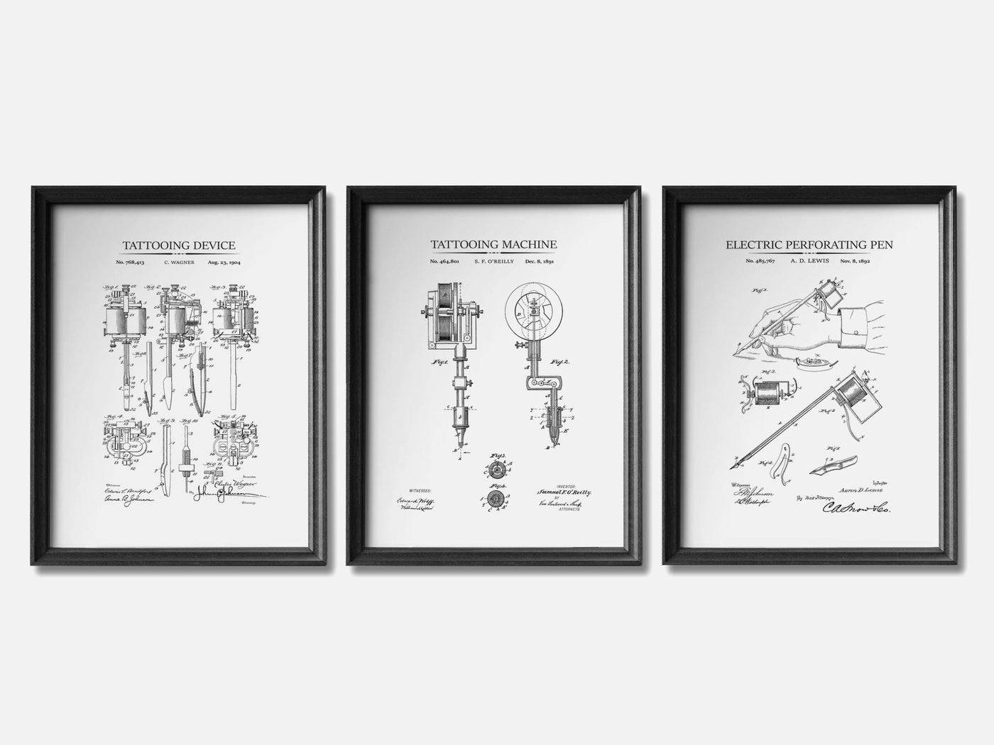 Tattoo Patent Print Set of 3 mockup - A_t10048-V1-PC_F+B-SS_3-PS_11x14-C_whi variant