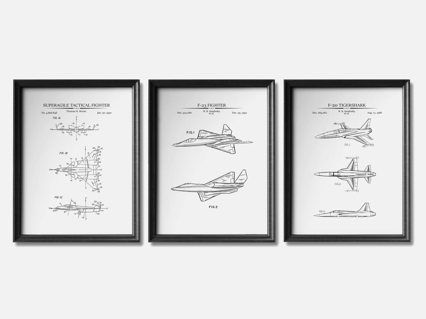 Fighter Jet Patent Print Set of 3 mockup - A_t10097-V1-PC_F+B-SS_3-PS_11x14-C_whi variant