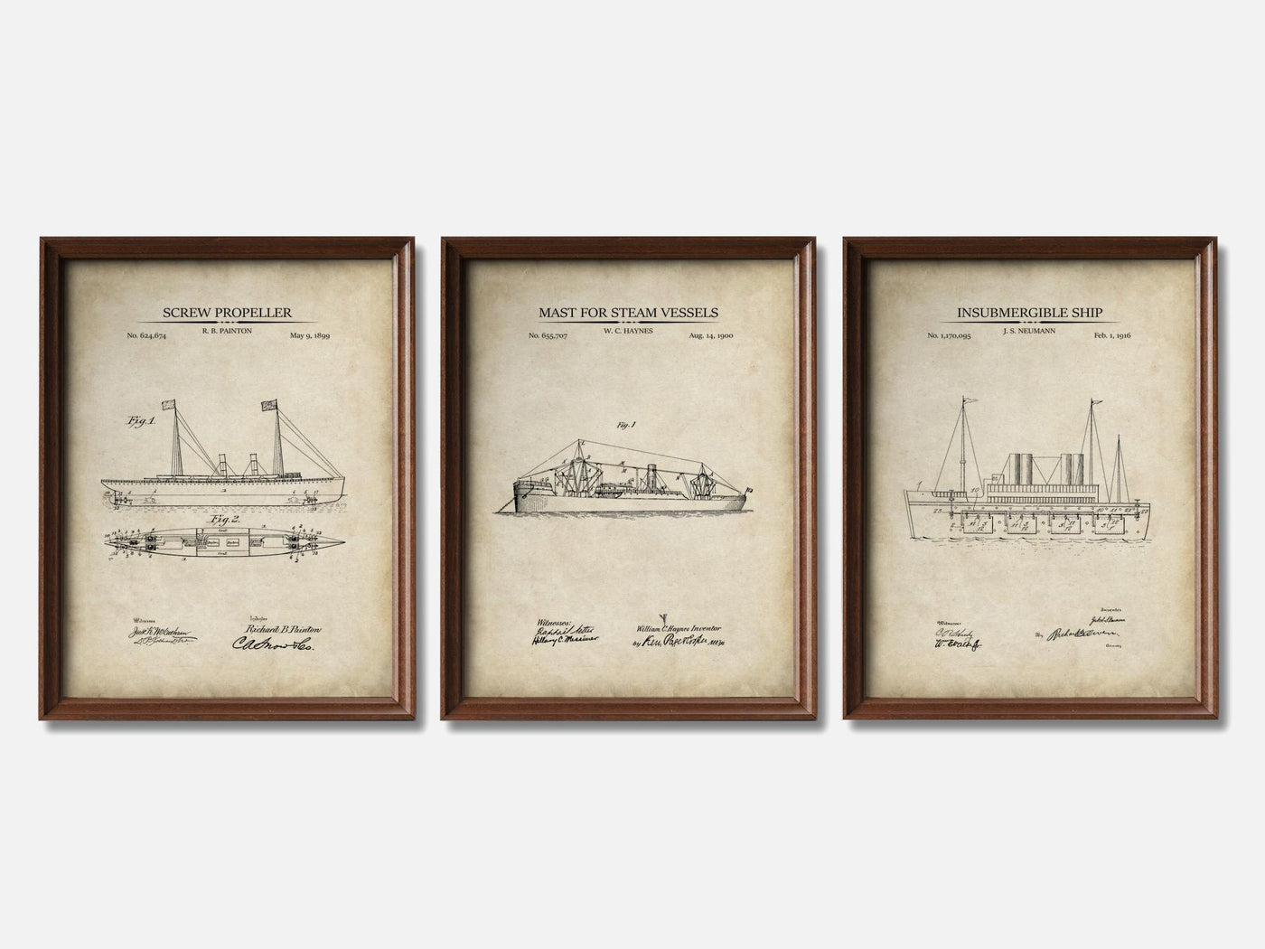Steam-Powered Ships - Patent Print Set of 3 mockup - A_t10076-V1-PC_F+WA-SS_3-PS_11x14-C_par
