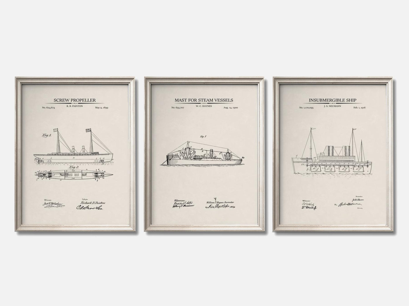 Steam-Powered Ships - Patent Print Set of 3 mockup - A_t10076-V1-PC_F+O-SS_3-PS_11x14-C_ivo variant