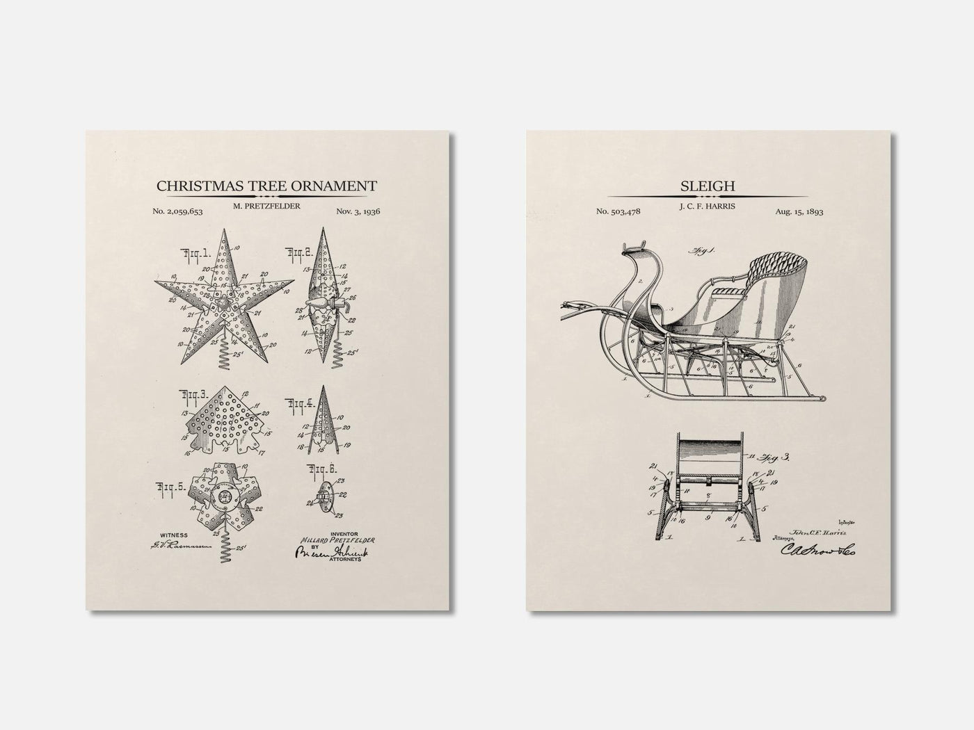 Christmas Patent Print Set of 2 - Sleigh & Ornament mockup - A_xm1-V1-PC_AP-SS_2-PS_11x14-C_ivo variant